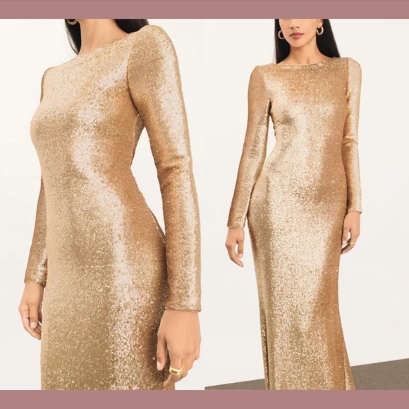 NEW $650 Donna Karan New York [ 4 ] Long Sleeve Stacked Sequin Gown‎ Gold - Picture 2 of 12